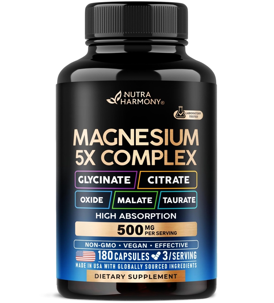 Suplemento de Magnesio - 5 en 1 Complejo TENIDO Glycinate ANTE Citrate TEN Malate TEN Taurate ANTE Oxide - Made in USA - Stress, Muscle & Heart Support - Vegan, Natural, Non-GMO - 180 Capsules, 2 Month Supply