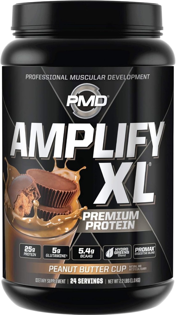 PMD Sports Amplificar XL Premium Whey Protein Suplemento Hydro Greens Blend - Glutamine y Whey Protein Matrix con Superfood for Muscle, Strength y Recovery - Peanut Butter Cup (24 Servings)