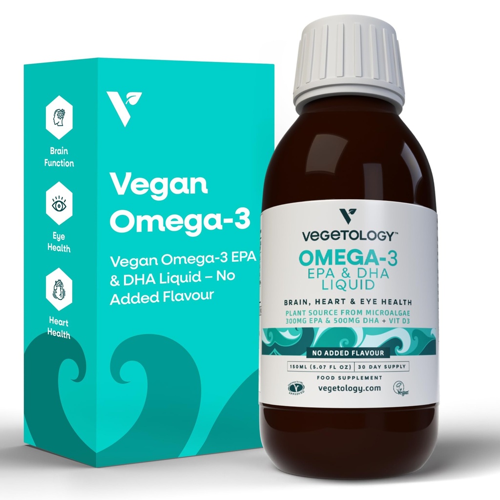 Vegan Omega 3 Liquid, de Microalgae, 800 mg de EPA DHA, con vitamina D3, apoya la salud del corazón, cerebro y ojo, natural Fish Oil Alternative, UK Made, Unflavoured