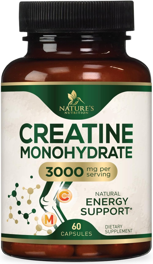 Cretina Monohydrate Capsules 3000mg – Best Micronized Creatine Powder - Supports Lean Muscle, Strength, Energy, " Endurance - Nature's Supplement, Non-GMO, Gluten Free for Women ' Hombre - 60 cápsulas