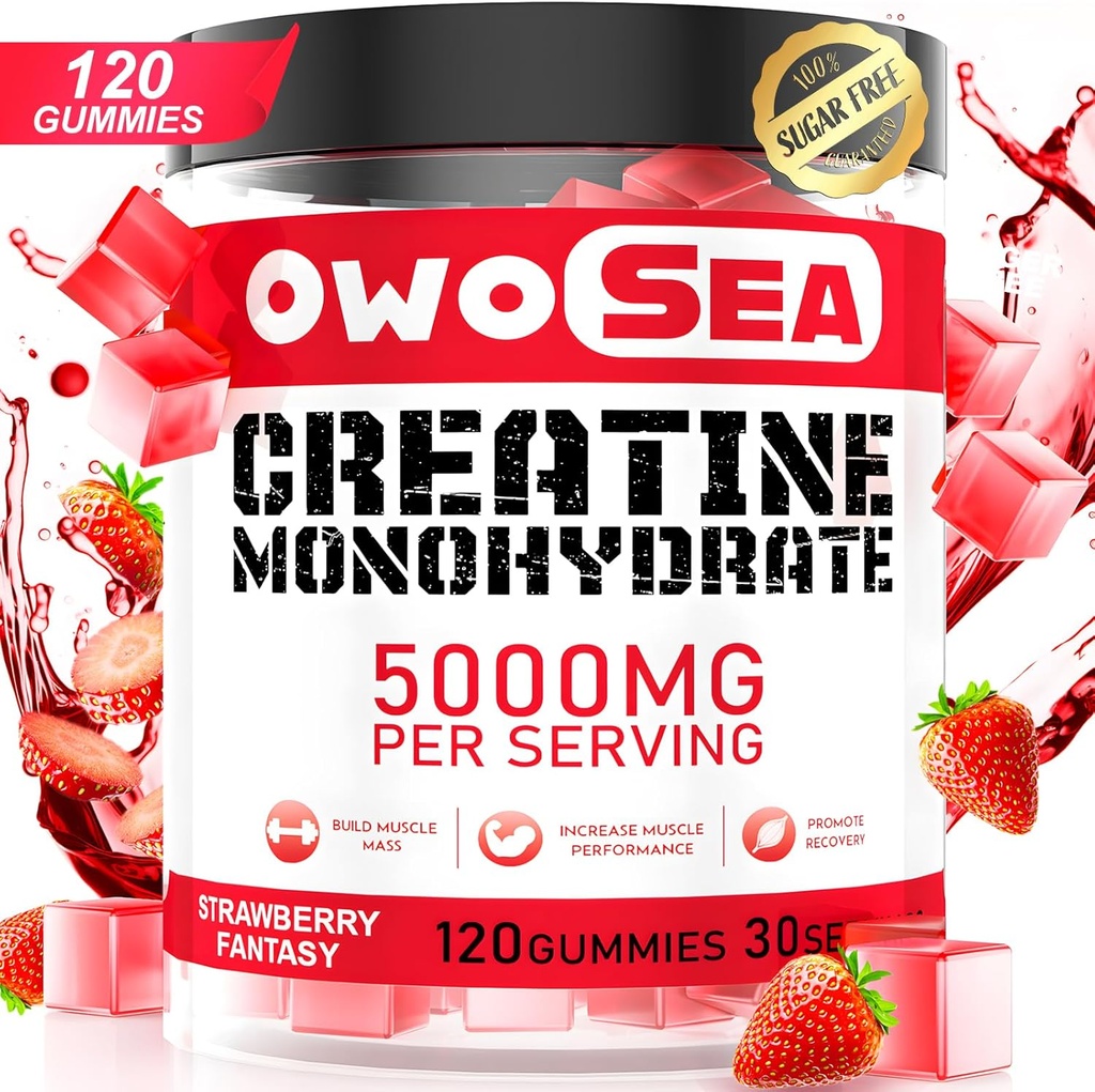 Creatine Monohydrate Gummies for Men & Women 5000mg Creatine Monohydrate per Serving for Muscle Support Energy Boost 120 Count Chewable 5g Creatine Supplement Sugar Free Vegan (1 Pack, Strawberry)