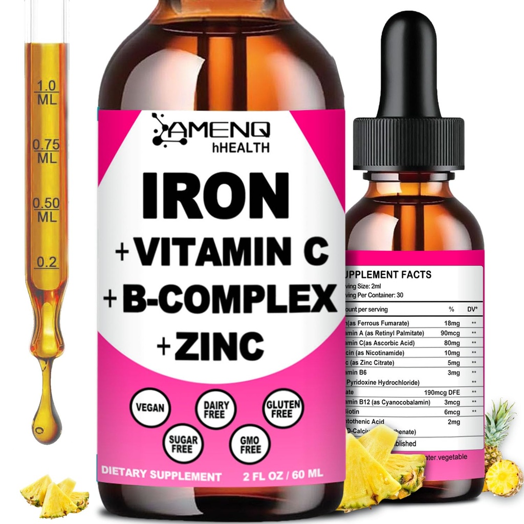 Iron Supplement for Women Men & Kids, Iron Vitamin C, A, B-Complex, Vegan Iron Drops High Potency Liquid Vitamin & Iron Supplements for Anemia, Red Blood Cell, Energy, Blood Builder, Gentle