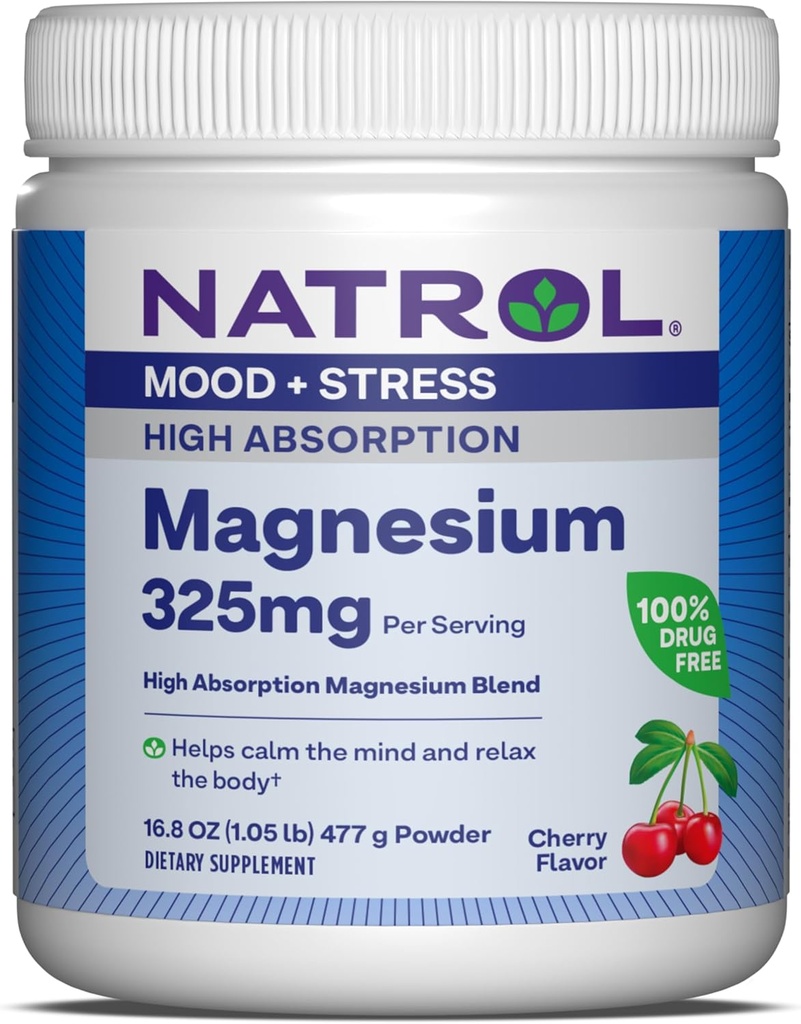 Natrol Magnesio 325 mg, Alta Absorción Magnesio Glycinate y Carbonato Blend para ayudar a calmar la mente y relajar el cuerpo, 16.8 OZ de polvo con sabor a cereza, hasta un suministro de 90 días
