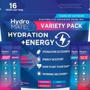 HydroMATE Electrolytes Powder Drink Mix Packets Hydration Accelerator Low Sugar Party Favores for Rapid Recovery Vitamin C Plus Caffeine Variety Pack 16 Sticks