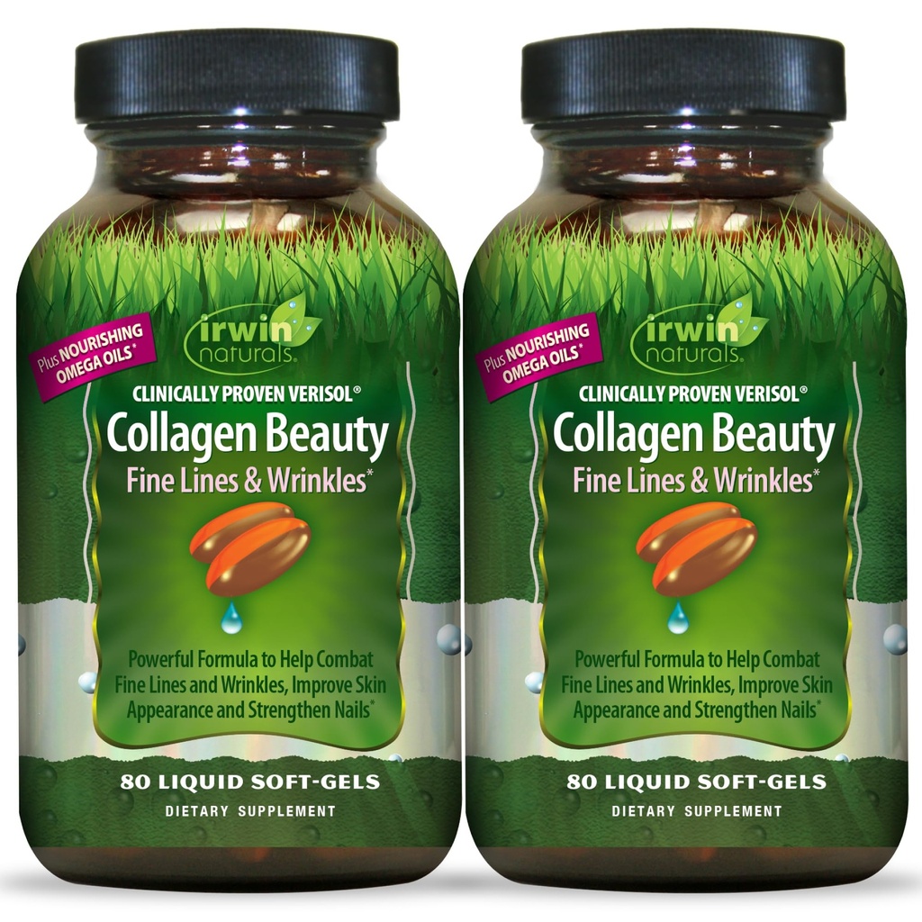 Irwin Naturals Collagen Beauty Supplement Hair Skin and Nails (2 Pack) | Beauty From Within | VERISOL + Biotin + Omega oils | Fine Lines and Wrinkle Support | 2 X 80 Liquid Soft-Gels