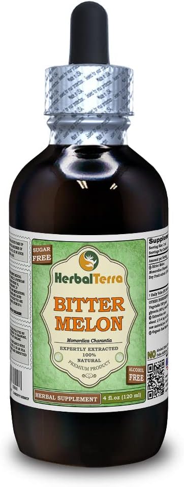 Melón de bitter (Momordica Charantia) Glicérite, Fruto seco orgánico Extracto líquido libre de alcohol (Marca: HerbalTerra, Proudly Made in USA) 4 fl.oz (120 ml)