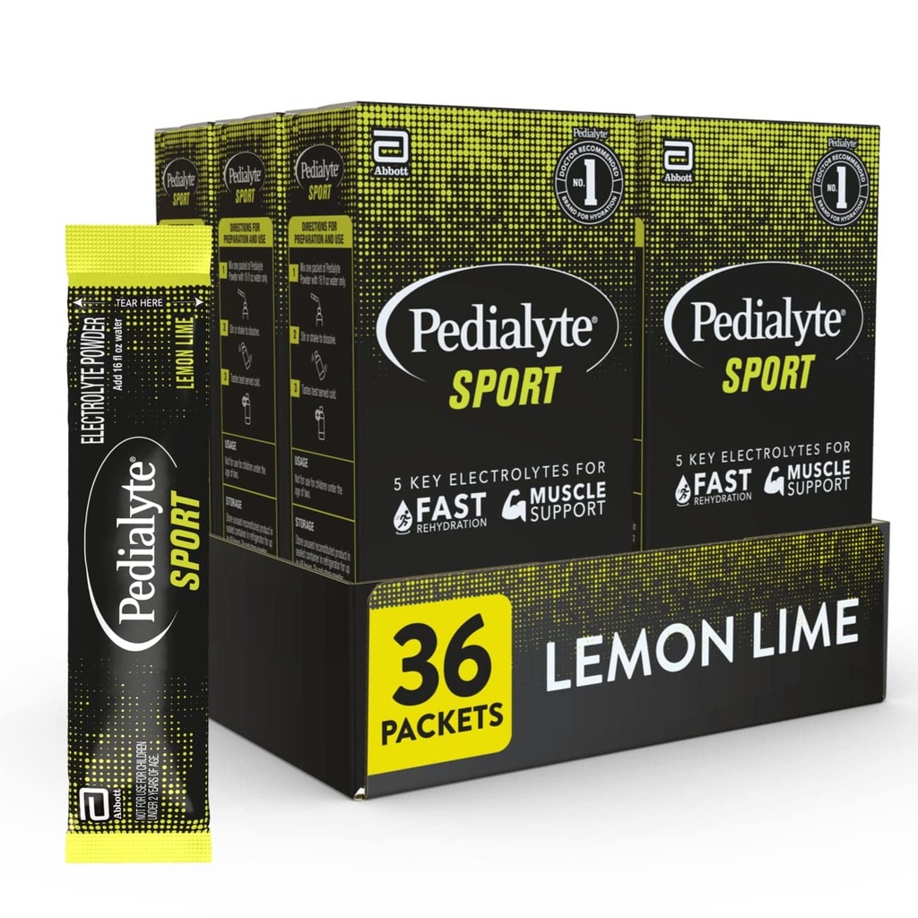 Pedialyte Sport Electrolyte Powder, Fast Hydration con 5 electrolitos clave para el soporte muscular antes, durante, " Después del ejercicio, Lemon Lime, 0.49-oz Packets (36 Conteo)