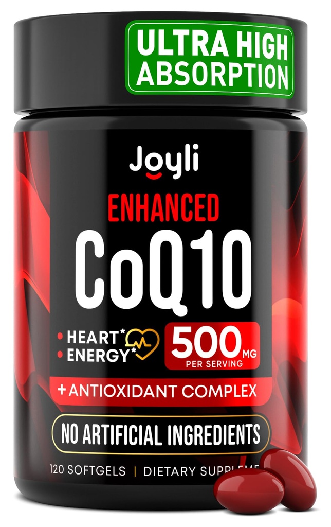 Alta Absorción CoQ10 500MG - Co Q 10 Suplemento 120 Softgels para la salud del corazón Producción de energía - CoQ10 mejorado Suplementos nutricionales con Coenzyme Q10 - Alternativa a coq10 400mg softgels