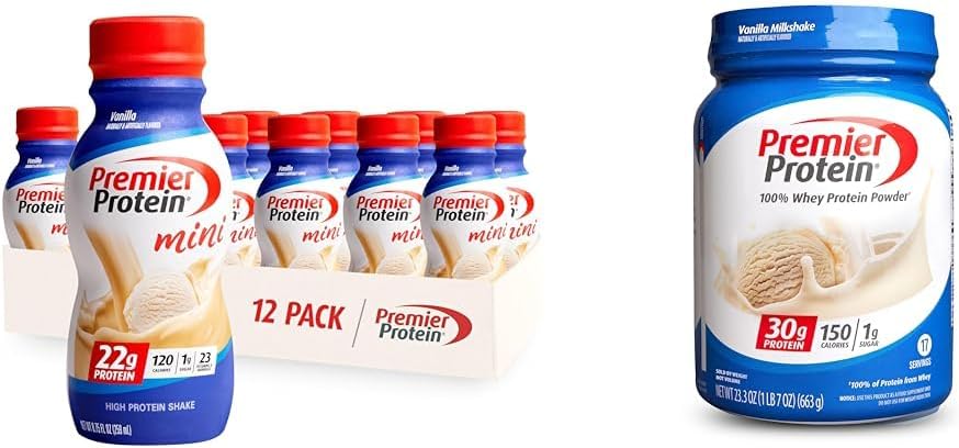 Premier Protein Shake MINIs Vanilla 22g Protein 120 Calories Pack of 12 &amp; Powder Vanilla Milkshake 30g Protein 17 Servings 23.3 Ounces