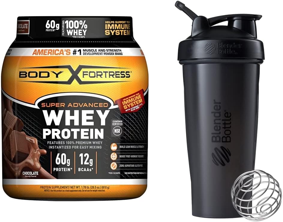 Fortaleza del cuerpo Super Advanced Whey Protein Powder, Chocolate (1.78 lbs) y BlenderBottle Classic Shaker Botella (28 oz), Negro
