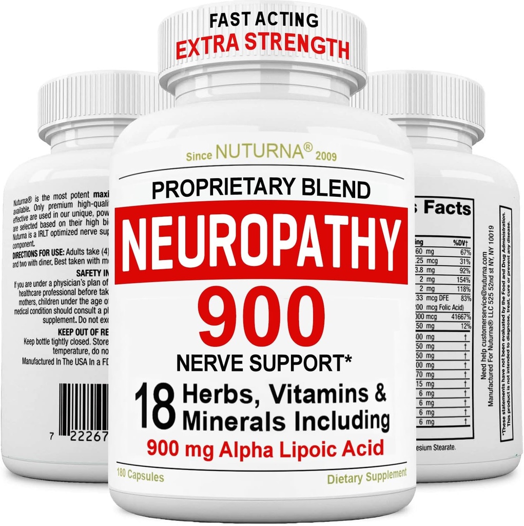 Neuropatía Soporte Nerve Suplemento con 900 mg Ácido Lipoico Alfa Puro - Fórmula de Fuerza Máxima, Fortalecer Nerves en Fingers, Manos, Dedos, & Pie - Mejor Alivio Periférico - 180 cápsulas