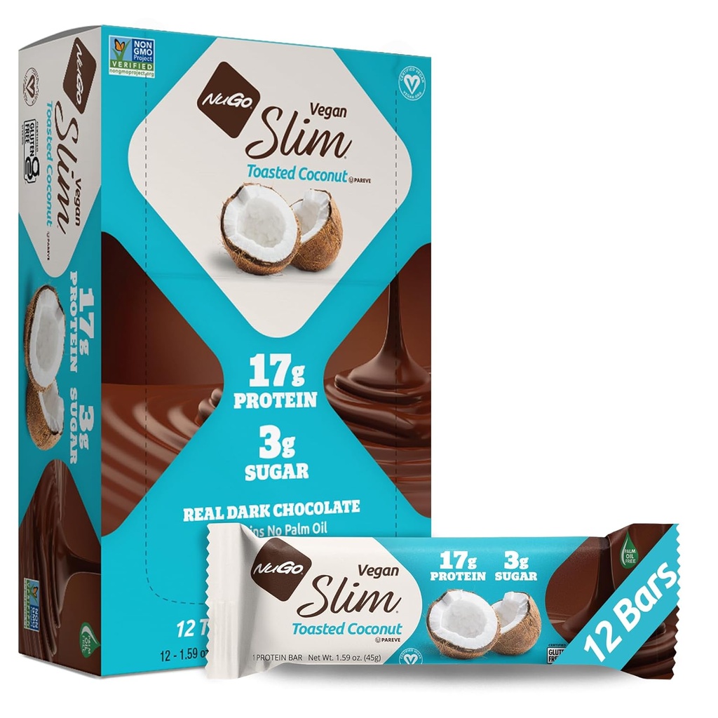 [BRSWKHYNBB6QGYI6] NuGo Slim Dark Chocolate Toasted Coconut, 16g Vegan Protein, 3g Sugar, 7g Fiber, Low Net Carb, Keto Friendly, Gluten Free, 12 C