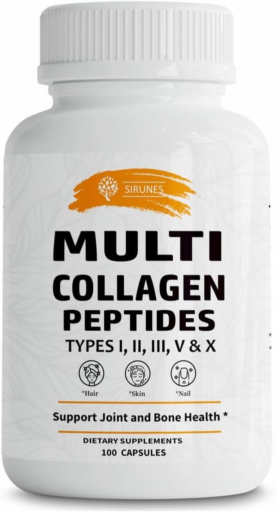 SIRUNES Multi Collagen Peptides Capsules - Non-GMO & Gluten Free Type I, II, III, V, X Hidrolyzed Collagen Suplementos con Vitamina C - Apoyos Saludable Pelo, Piel, uñas, " Juntas - 100 cápsulas