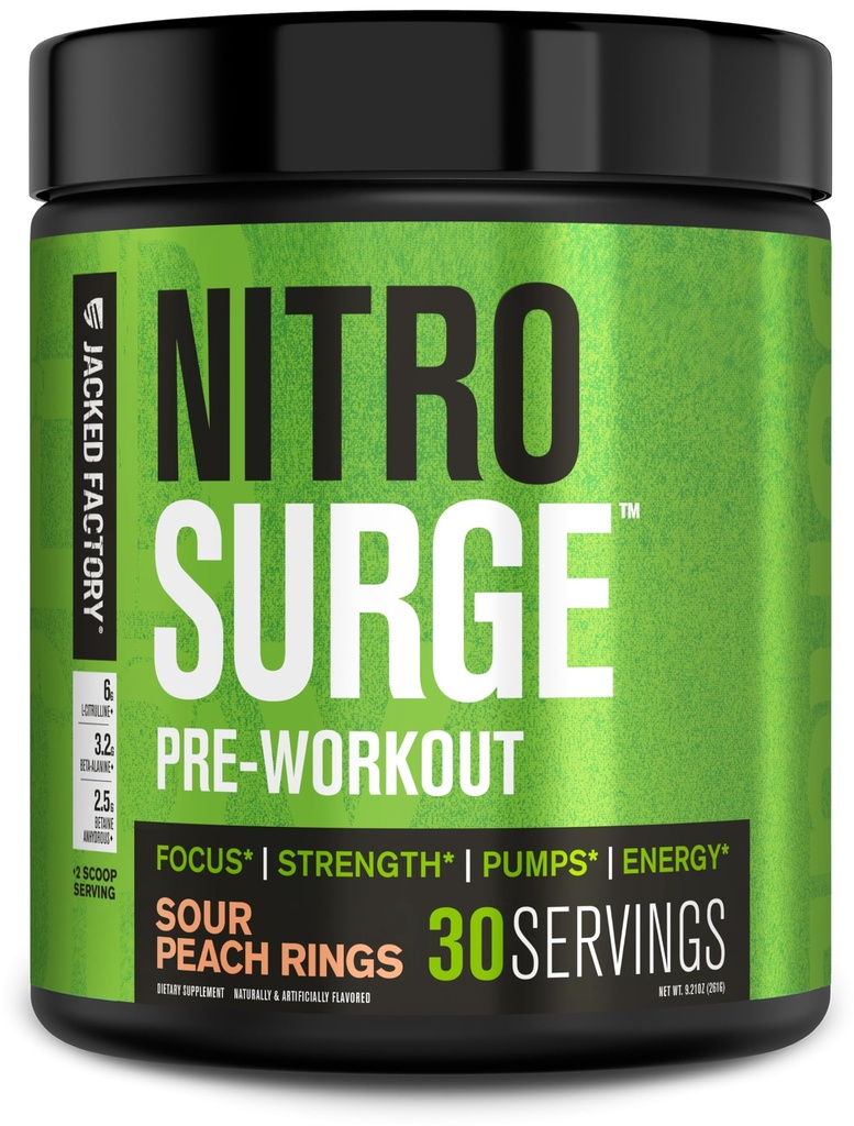 Jacked Factory NITROSURGE Pre Workout Suplemento - Endless Energy, Instant Strength Gains, Clear Focus, Bombas Intensas - NO Booster &amp; Powerful Preworkout Energy Powder - 30 Servings, Sour Peach Rings