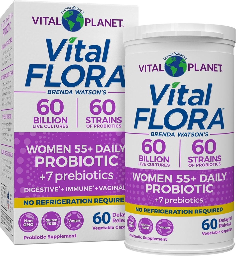 Planeta Vital - Probióticos Vital Flora para Mujeres Más de 55 diarios Estante Stable Probiótico 60 Billones CFU, 60 Estrechos Diversos, 7 Prebióticos Orgánicos, Apoyo Inmunitario y Salud Digestiva 60 cápsulas