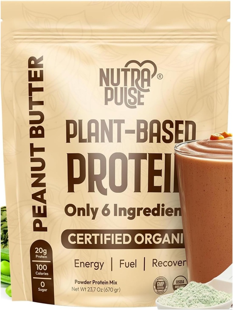 Pólvora de proteína orgánica vegana: Sabor de mantequilla de maní, con base vegetal, sin gluten, sin soja, libre de soja, 20g Proteína por ser, Ideal para sofocos, sacudidas, horneado, cocina (1 Pack, 20 Servings)