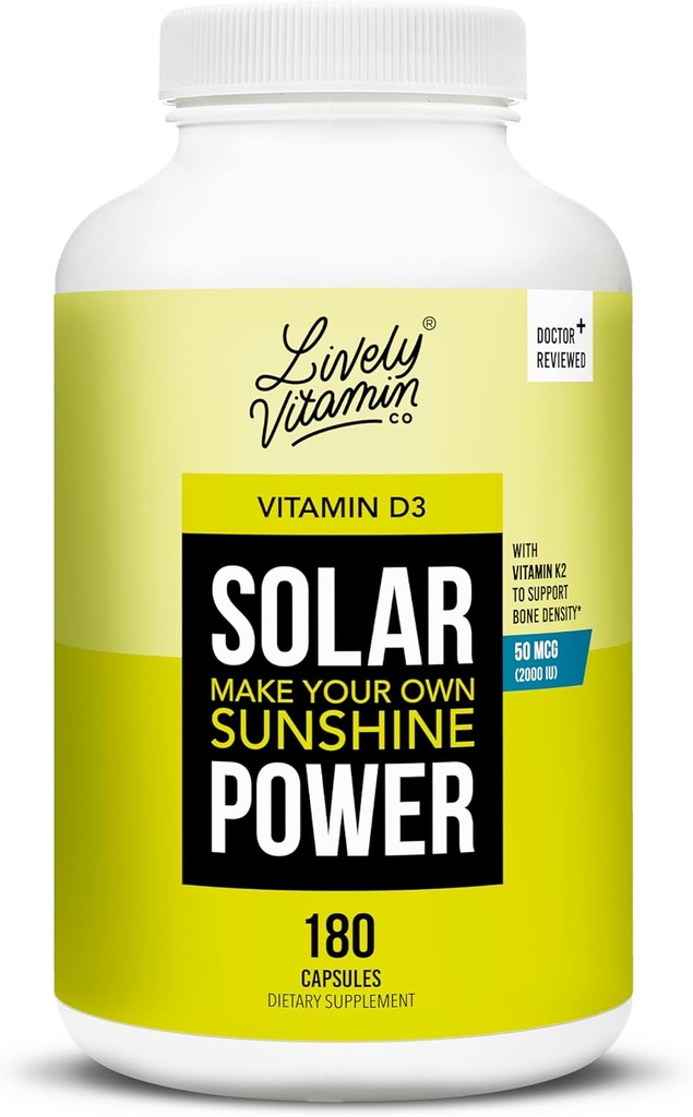 VITAMIN CO. Solar Power Vitamina D3 2000 iu - Patented Vitamina K - MK7 - Immune Balance - Función cerebral - Mood - Corazón - Estrés - 180 Conde