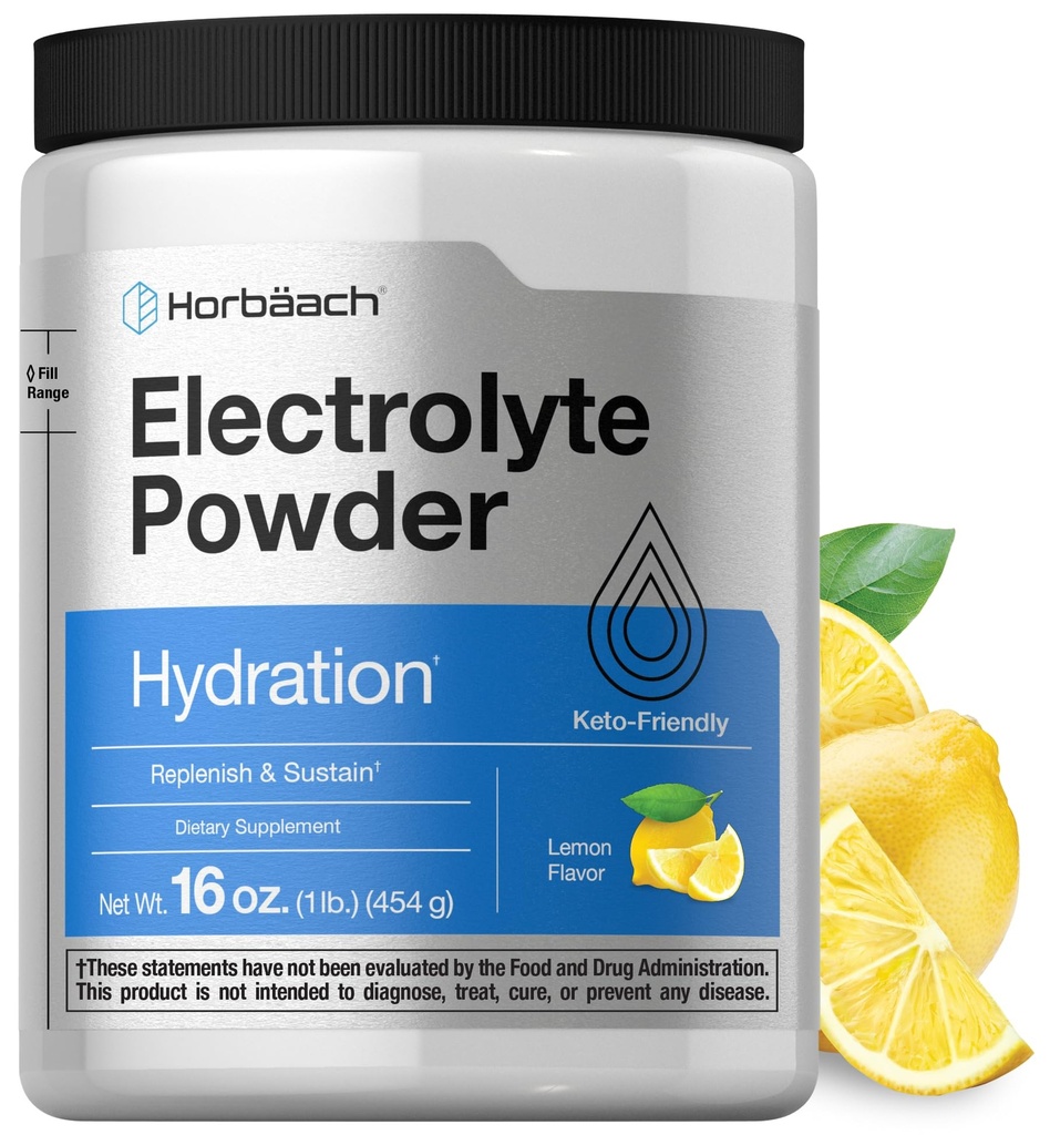 Horbäach Electrolytes Powder TEN 16 oz TENIDO 130 Servimientos TENIDO Suplemento de hidratación ANTE Vegetarian ANTE Keto-Friendly TEN NO-GMO, Gluten Free Fórmula ANTE Lemon Flavor