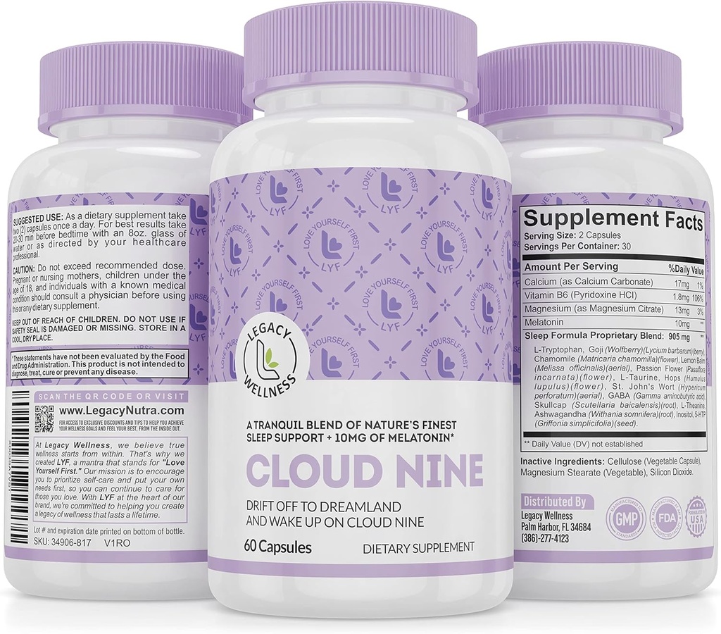 Nube 9 - Todos los suplementos de ayuda natural para el sueño - Relajando la vitamina " Herbal Fórmula - 10 mg Melatonina Calcio Magnisium L-Theanine 5-HTP GABA St. John's Wort Ashwagandha Más 60 cápsulas veganos