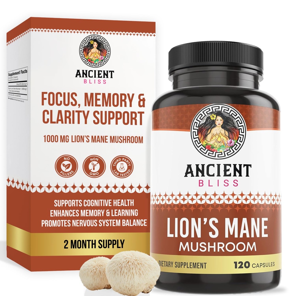 Suplemento Mane de León de la antigua Bliss (2 Mes de Suministro)- 120 Vegan Mushroom Capsules- Mayo Apoyo a la Claridad Mental, Energía &amp; Mayo Focus- Memoria &amp; Immune Apoyo Mushroom Suplemento