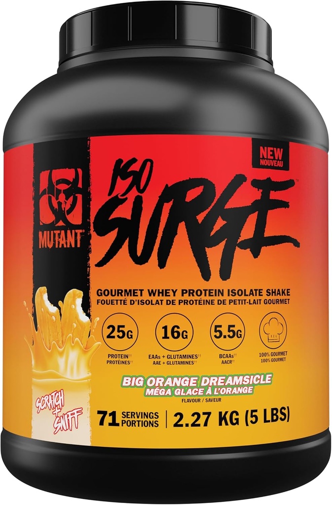 Mutant ISO Surge Whey Protein Isolate Powder Actos rápidos para ayudar a recuperar, construir músculo, a granel y fuerza (5 libras, gran crema naranja)