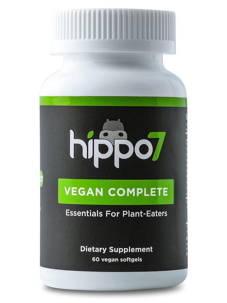 Hippo7 Vitamina Multivitamina completa vegano B12, Vitamina D, Omega-3 DHA+EPA, Calcio, Iodine, Zinc & Iron. (1 Botella, 60 Softgels)