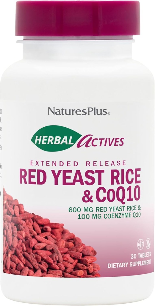 Naturalezas Plus Activos Herbal Rice de levadura roja 600mg & CoQ10 100mg, Extended Release - 30 Tablets Vegan - Suplemento Máximo de Potencia, Antioxidante - Vegetariano, Libre de gluten - 30 Servimientos