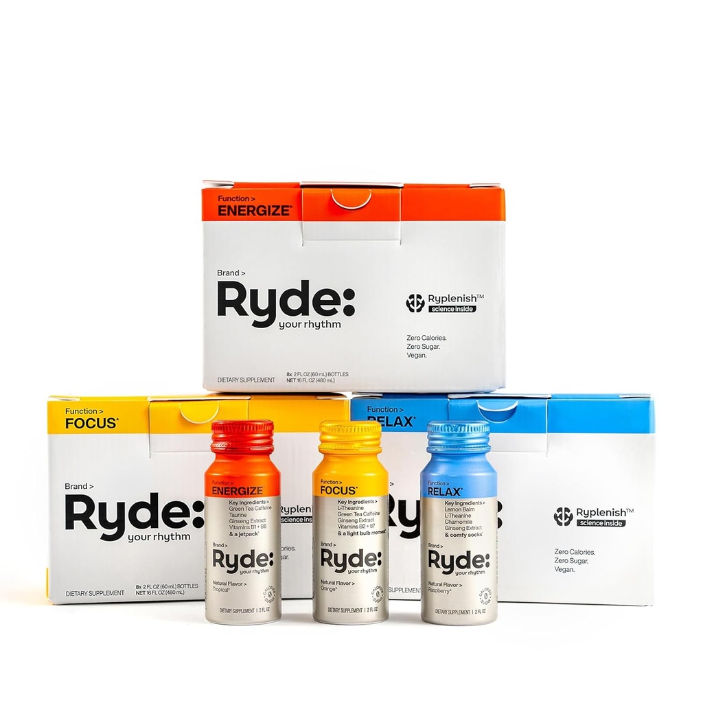 Ryde: Discovery Pack ← Energize, Focus " Relax Shots TEN Green Tea Caffeine, Taurine, Ginseng, B Vitaminas, L-Theanine, Lemon Balm, Chamomile ANTE 0 Calories, 0 Sugar ← Variety Pack – Pruébalo todo (24 Pack)