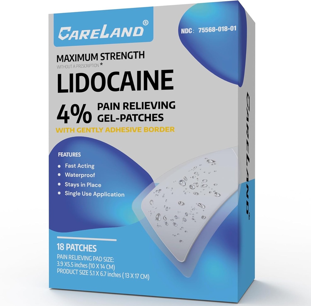 CARELAND 4% Lidocaine Patches 18 Pcs Waterproof Maximum Strength Back Pain Relief Products Patches with Strong Adhesive Border, for Neck Knee Nerve Shoulder Pain Relief Muscle Relaxer, Super Sticky