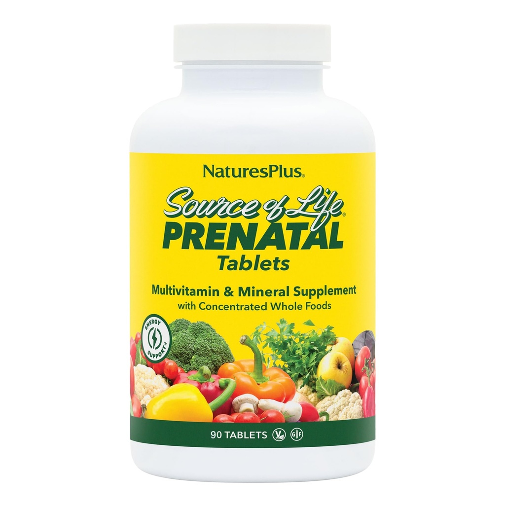 Natures Plus Fuente de Vida Prenatal - 800 mcg Folate, 90 Tablas Vegetarianas - Todas Vitaminas Prenatales Naturales con Hierro &amp; Calcio - Salud Optimal & Energy - Gluten-Free - 45 Servimientos