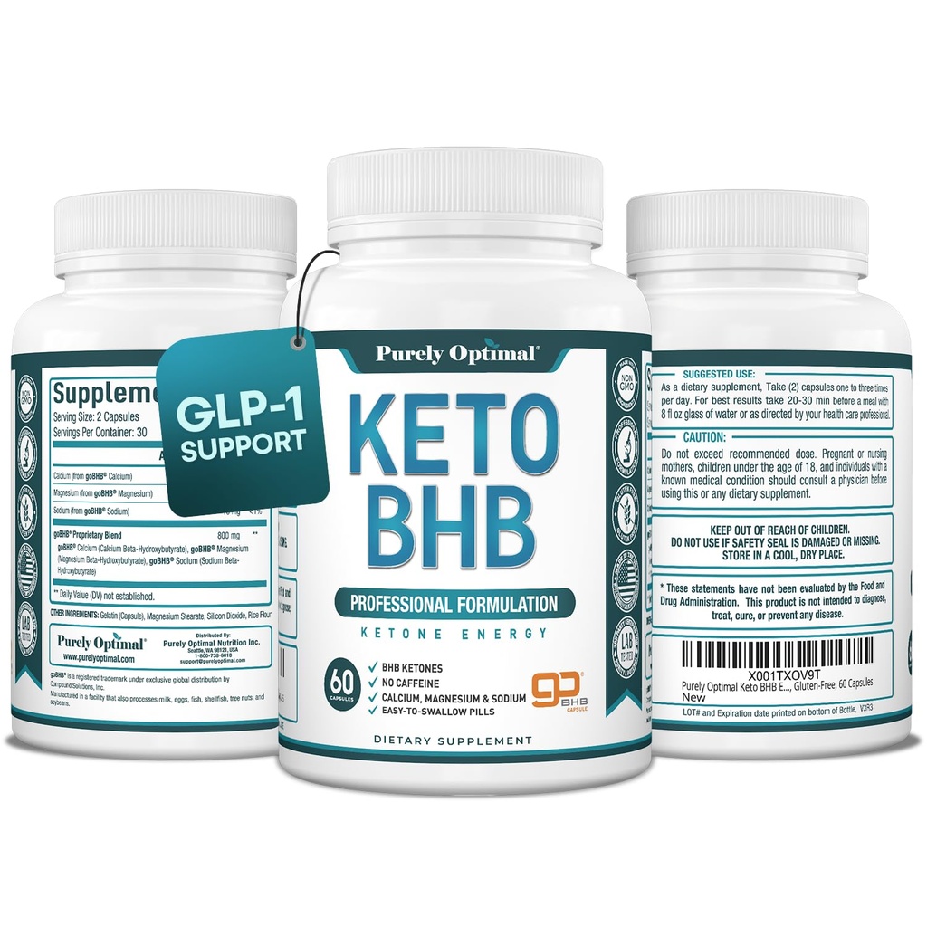 Cápsulas Keto BHB puramente óptimas – Exógenas Ketone Pills for Ketosis Support, Sostened Energy, Focus " Metabolism – for Women " Men, 60 Cápsulas