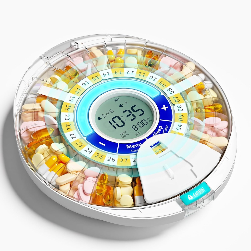 Dispensador automático de píldoras mejorado para las personas mayores con Alarma: Máquina de dispensador inteligente de píldoras con 28 ranuras, tecnología mix-proof y LCD XL, Durabilidad mejorada para la gestión diaria de medicina