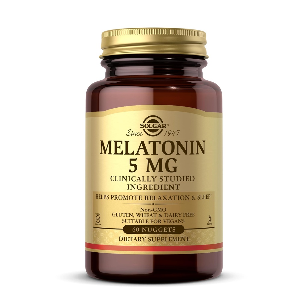 Solgar Melatonin 5 mg, 60 Nuggets - Ayuda a promover la relajación y el descanso - Melatonina clínicamente estudiada - Vegan, Gluten Gratis, Dairy Free, Kosher - 60 Servings