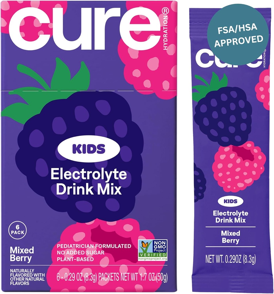 Hidratación Cure - Kids Electrolyte Drink Mix ← Rehydration Formulated Pediatrician con base vegetal  No Añadido Sugar, FSA-HSA, Non-GMO, Gluten-Free, No Artificial Flavors  Box of 6 Packets - Mixed Berry