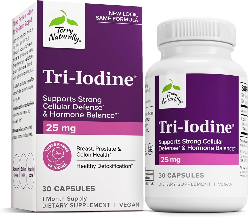 Terry Naturalmente Tri-Iodine - Suplemento dietético para el apoyo a la salud de la mama y la próstata - Función tiroidea saludable Suplemento Ayuda - 25 mg, 30 cápsulas