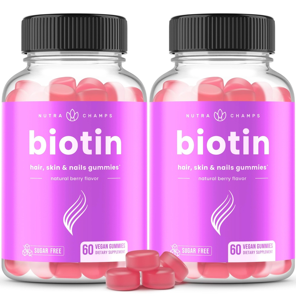 NutraChamps Sugar Free Biotin Gummies 10000mcg [High Potency] - Pelo sano, Esquín y uñas para mujeres, hombres y niños - 5000mcg en cada Gummy - Vegan Hair Health Vitamins Supplement - Raspberry (2-Pack)
