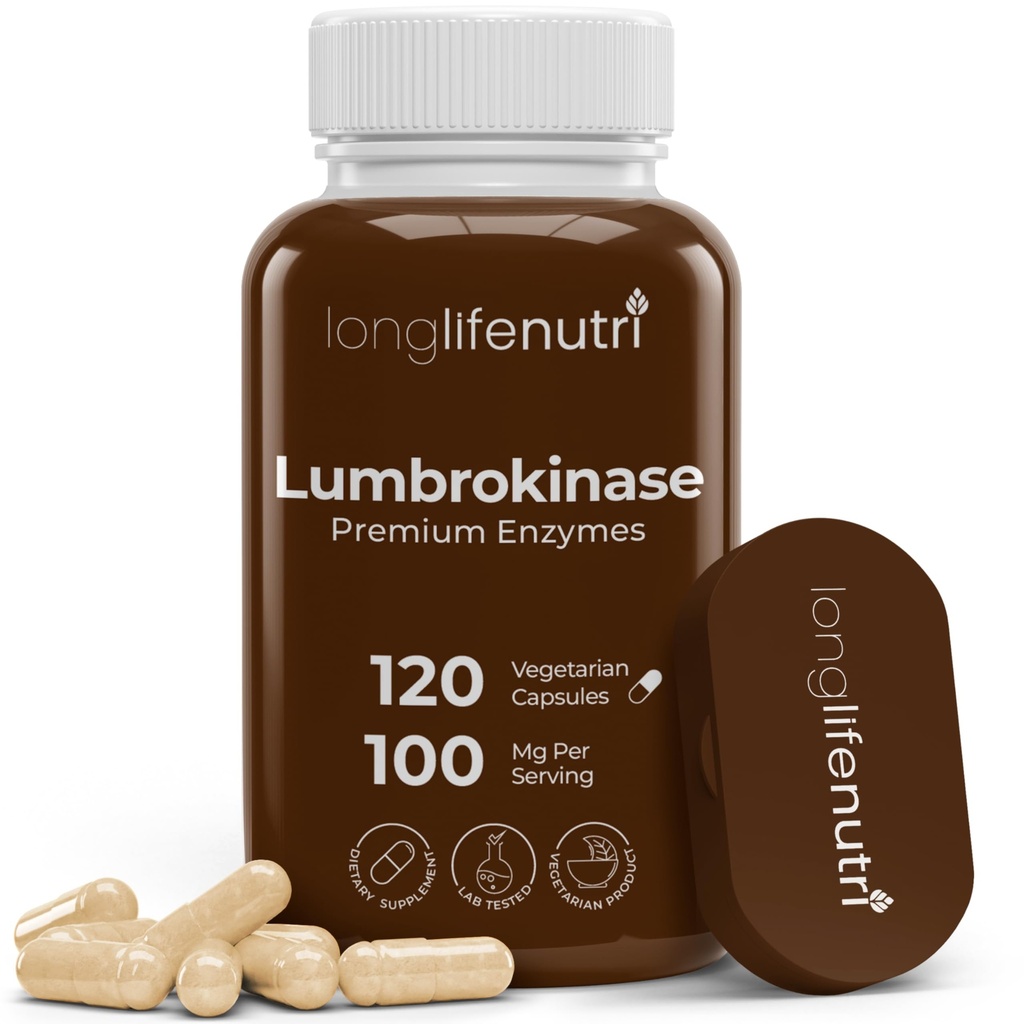 LongLifeNutri Lumbrokinase 100mg – Maximum Activity 2,000,000 Units Por Serving, 120 Vegetarian Capsules, 2-Month Supply, Natural Enzyme Supplement for Circulatory Health, Lab Tested, Made in USA