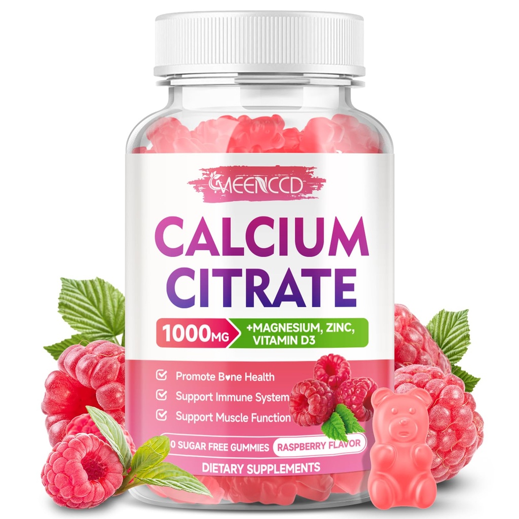 Calcium Citrate Gummies 1000mg w/Vitamin D3, High Absorption Suplemento Calcium para Hombres Mujer, Plus Magnesium, Potasio, Zinc para Muscle &amp; Immune, Sugar-Free, Raspberry Flavor, 60 Conde