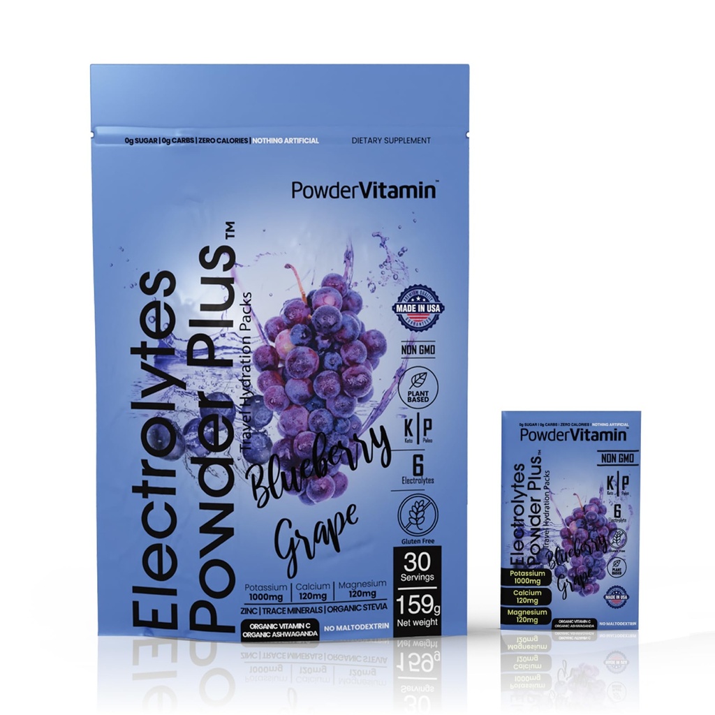 PowderVitamin Electrolytes Powder Plus, Keto, Blueberry Grape, Zero Sugar, 1000 mg de Potasio, 120 mg de Calcio, 120 mg de Magnesio, Non-GMO, Zero Calories, 30 paquetes de hidratación