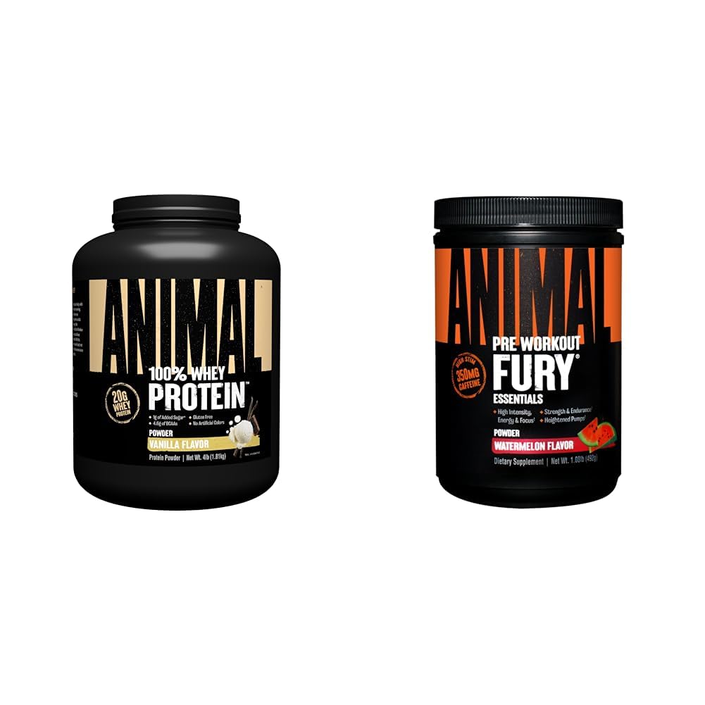 Animal 100% Whey Protein Powder Vanilla 4lb Bundle Fury Pre Workout Powder Suplemento Watermelon 16.96oz