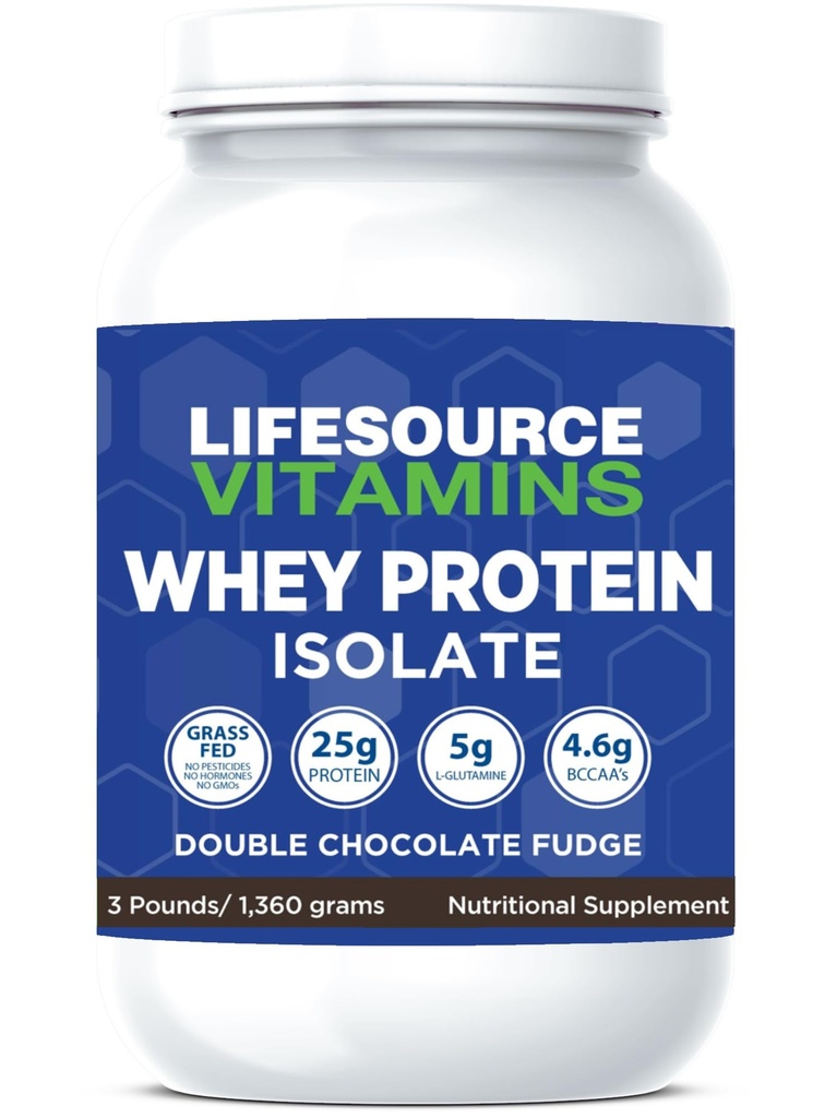 LifeSource Vitamins 3 lb - US Dairy Cows Grass Fed Whey Protein Isolate - Double Chocolate Fudge endulzado w/Stevia - 3 lb Powder