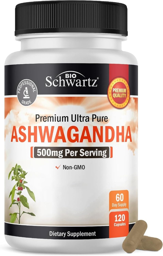 BioSchwartz Suplementos de Ashwagandha - Extra Strength Ashwagandha Capsules 500mg Por Serving - Gluten Free, Non-GMO, Made in The USA with Globally Sourced Ingredients, 60 Servings (120 Cuenta)