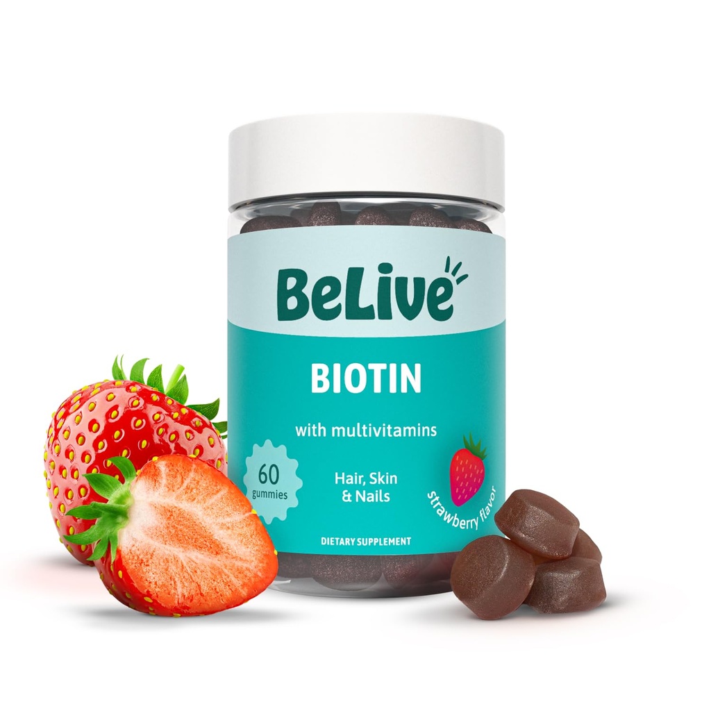 BeLive Biotin Gummies con MultiVitamins, Folate, Inositol – apoya el crecimiento del cabello, piel sana y uñas – Vegan, Pectin Based – Strawberry Flavor (1)