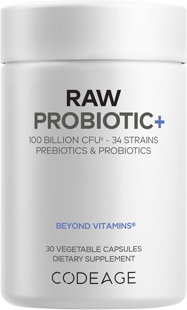 Codeage Raw Probiotic+ Supplement - 34 Probiotic Strains, 100 Billion CFUs, Raw Whole Food Probiotics, Digestive Enzymes, Raw Fruits & Veggies Prebiotics - Wild Kefir Culture - Non-GMO - 30 cápsulas