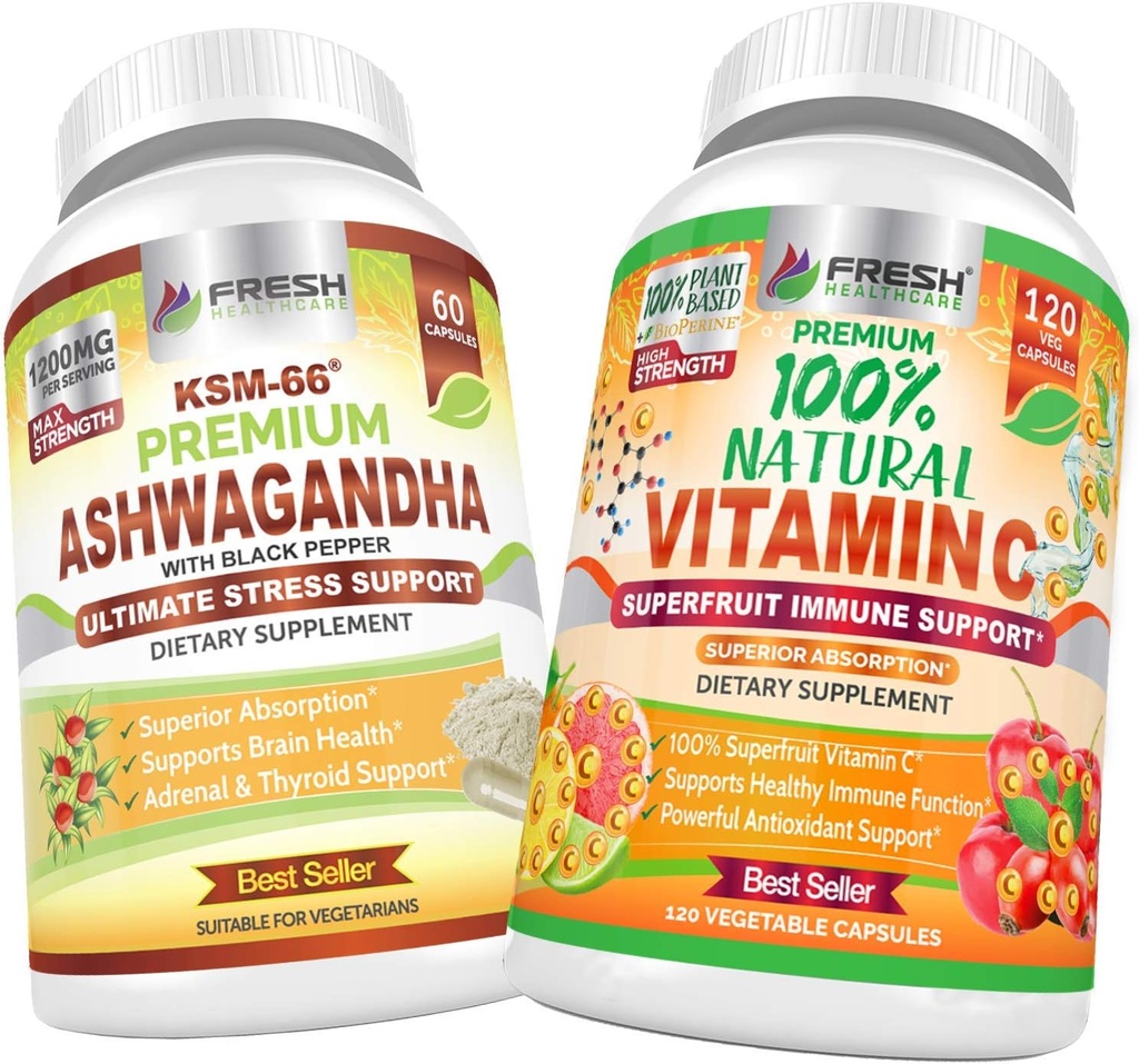 FRESH HEALTHCARE Ashwagandha KSM 66 y 100% Natural Vitamina C - Bundle