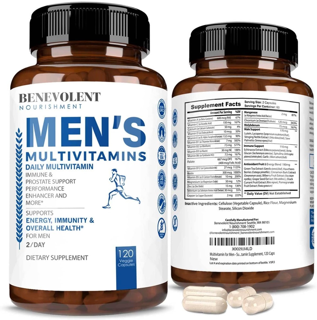 Benevolent Nourishment Multivitamin for Men - Supports Energy & General Health - Essential Daily Vitamins for Men, Biotin, Magnesium, Zinc & Antioxidant for Immune Health - No GMO, 120 caps
