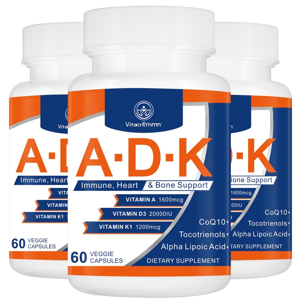 Suplemento de vitaminas ADK 20000 UI - Vitaminas de alta potencia A, D3 y K1 para el corazón, la salud ósea y el apoyo inmunológico Vitamina ADK 180 cápsulas