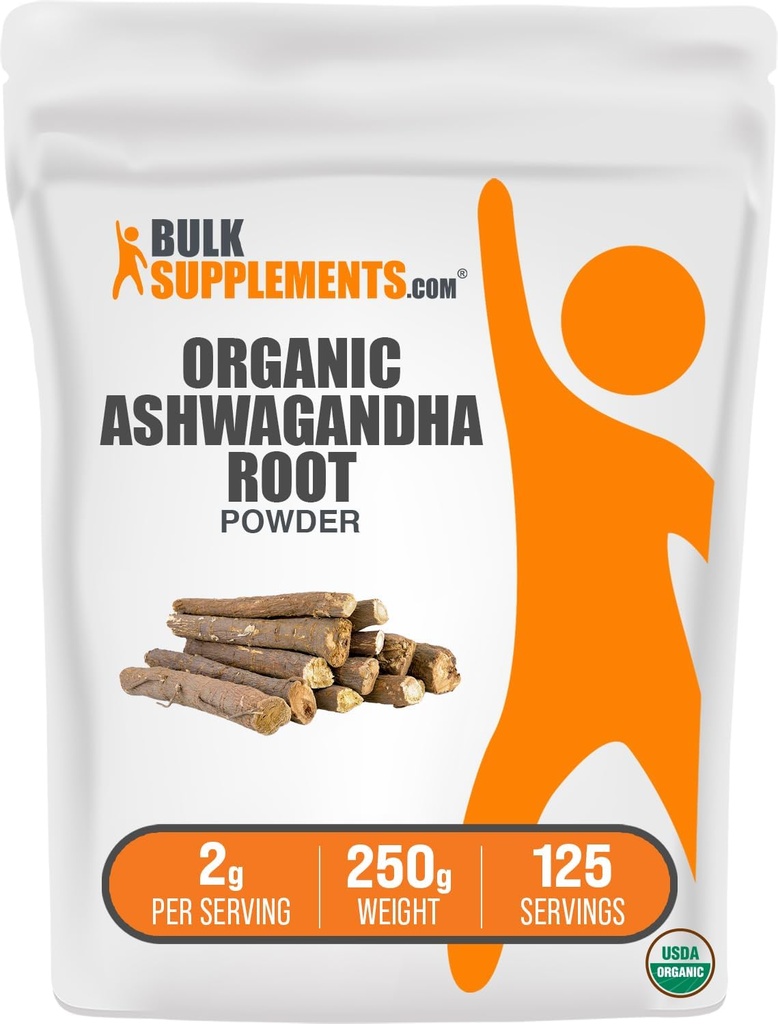 BulkSupplements.com Polvo de Ashwagandha orgánica - Ashwagandha orgánica Suplementos, provenientes de Ashwagandha Root - Gluten Free, 2g por Serving, 250g (8.8 oz) (Pack of 1)