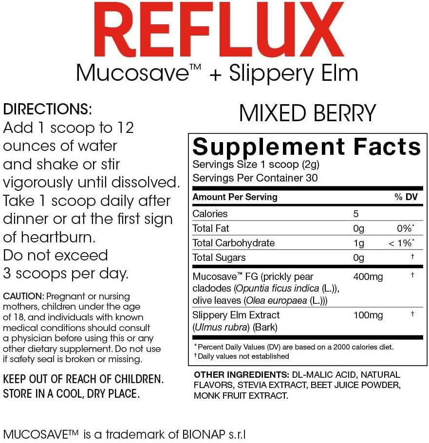 Reflujo - Suplemento Digestivo - Cada Tubo = 30 Scoops = 30 Servings - Apoyo Mucosal para Problemas Ácidos - con Mucosave FG y deslizante Elm Bark (1 Tub)
