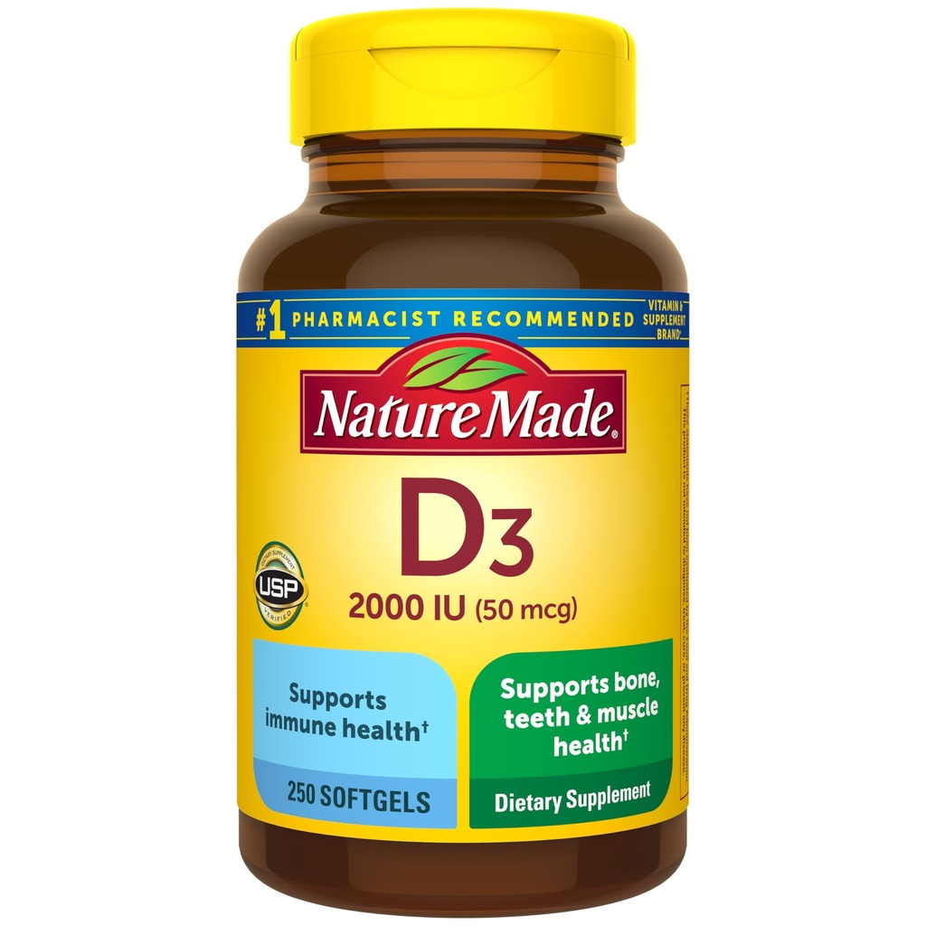 Natural Made Vitamina D3 2000 UI (50 mcg), Suplemento dietético para Bone, Tientes, Muscle e Immune Health Support, 250 Softgels, 250 Day Supply
